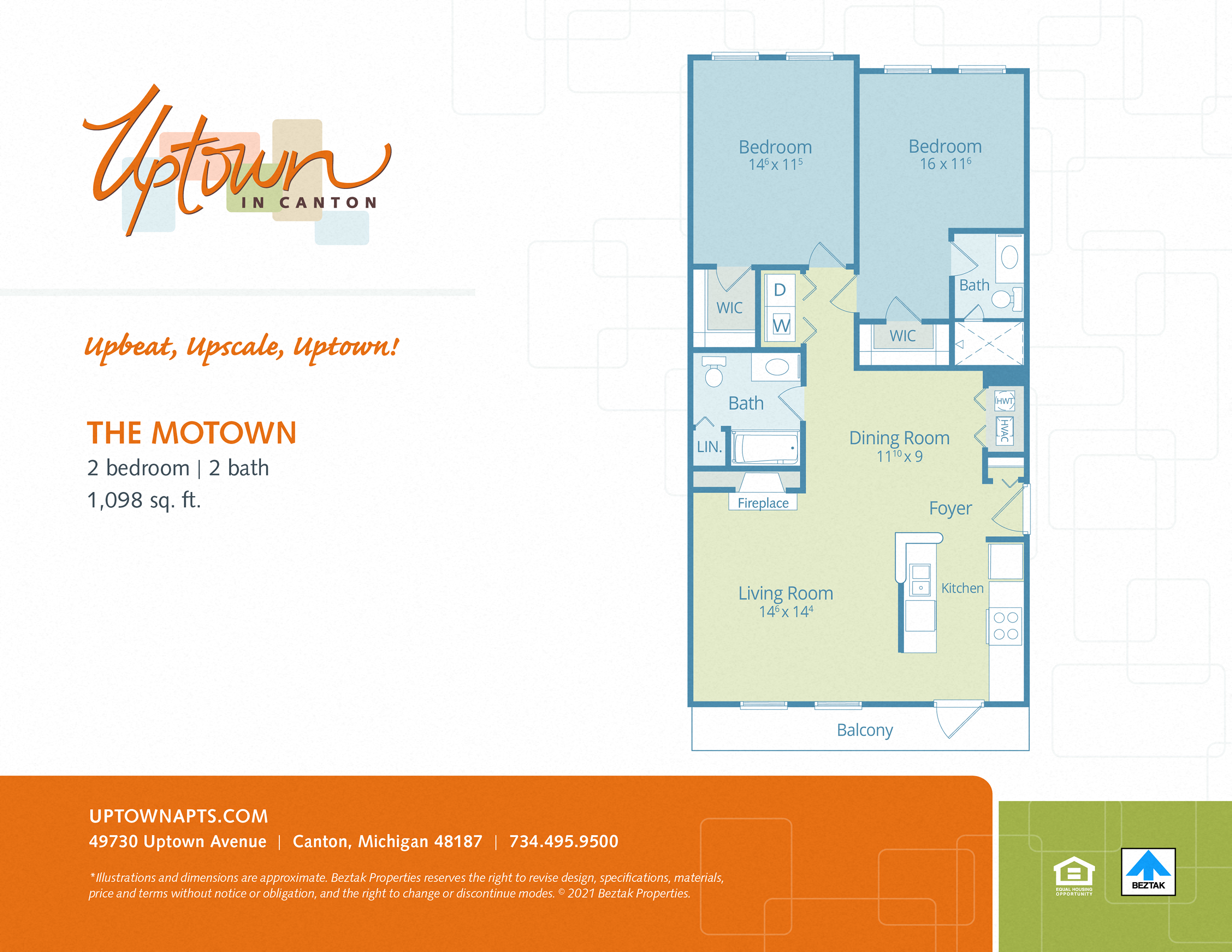 Floor plan for 2 beds, 2 baths, 1098 sqft